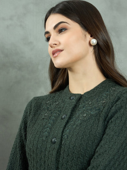 Clapton Floral Embroidered Knit  Design Pure Wool Cardigan Green