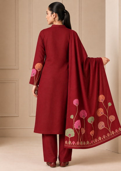 Woolen Embroidered  winter wear Kurti & Pant and Dupatta Set Maroon