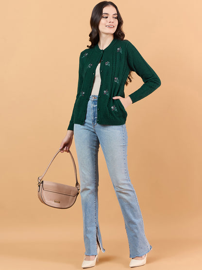 Clapton Floral Embroidered Full  Sleeve Cardigan Sweaters for Women Girls Green