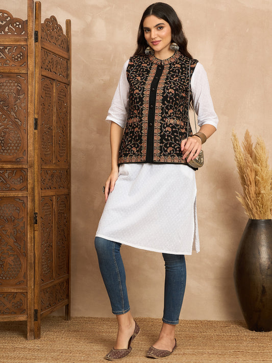 CLAPTON EMBROIDERY SLEEVELESS BLACK BLAZER FOR WOMEN