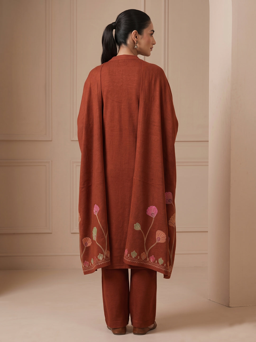 Woolen Embroidered  winter wear Kurti & Pant and Dupatta Set RUST