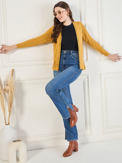 Wool Blend Round Neck cardigan Mustard
