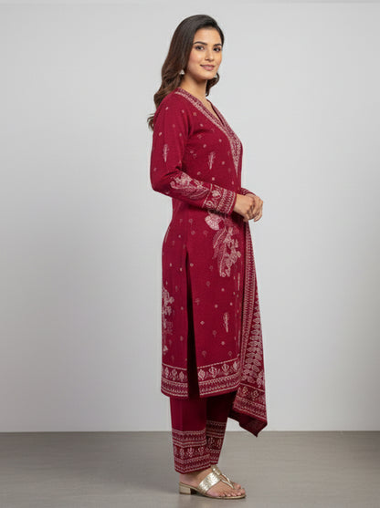 Embroidered wool blends for winter wear Straight-fit kurta with trousers and a dupatta (shawl) Red