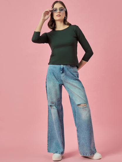 Clapton Crew Neck Tees Candy Cotton Lycra For Women Soild Green Summer wear