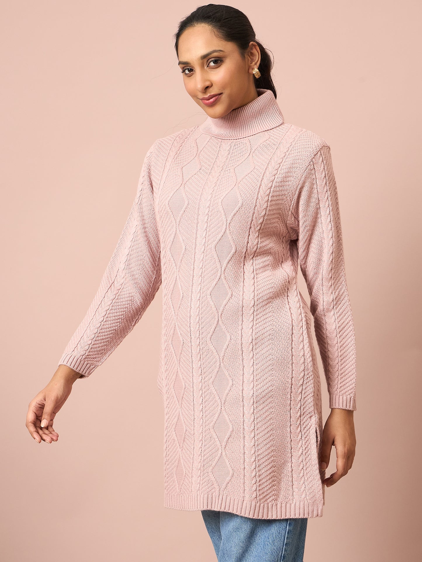 Clapton Cable Knitted  Wool Winter Wear Women’S Long Cardigan Pink