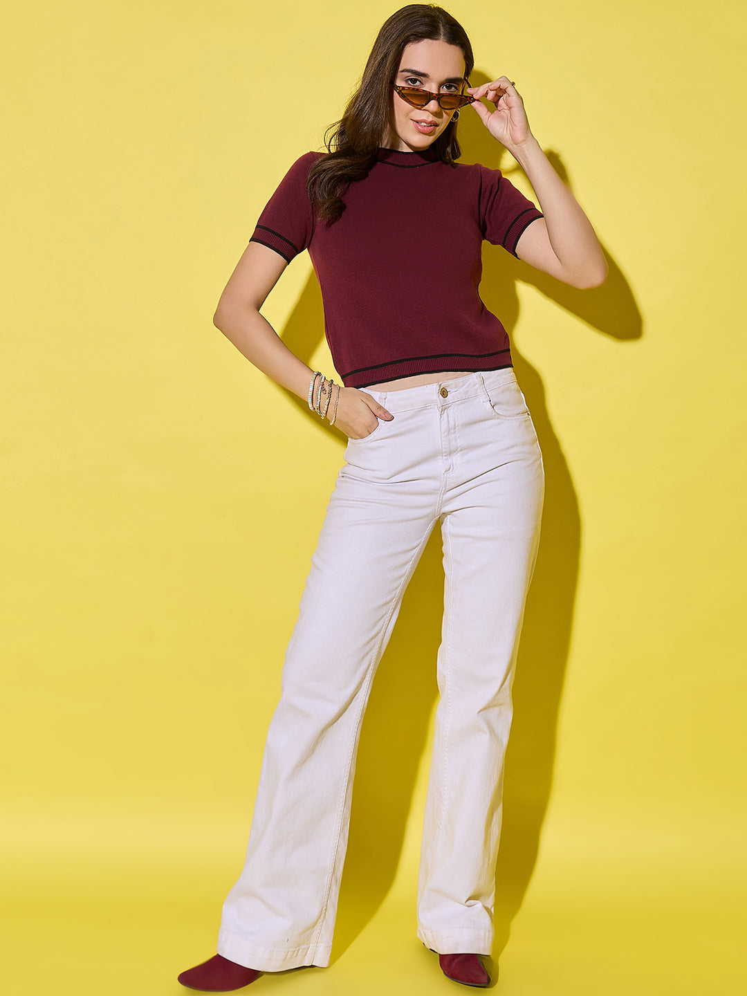 Women Striped Round Neck Pure Cotton T-Shirt Maroon