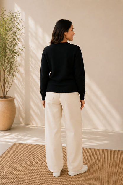 Women'S  Floral Embroidered Knit Cardigan, Round Neck, Button-Front, Long Sleeve Sweater Black