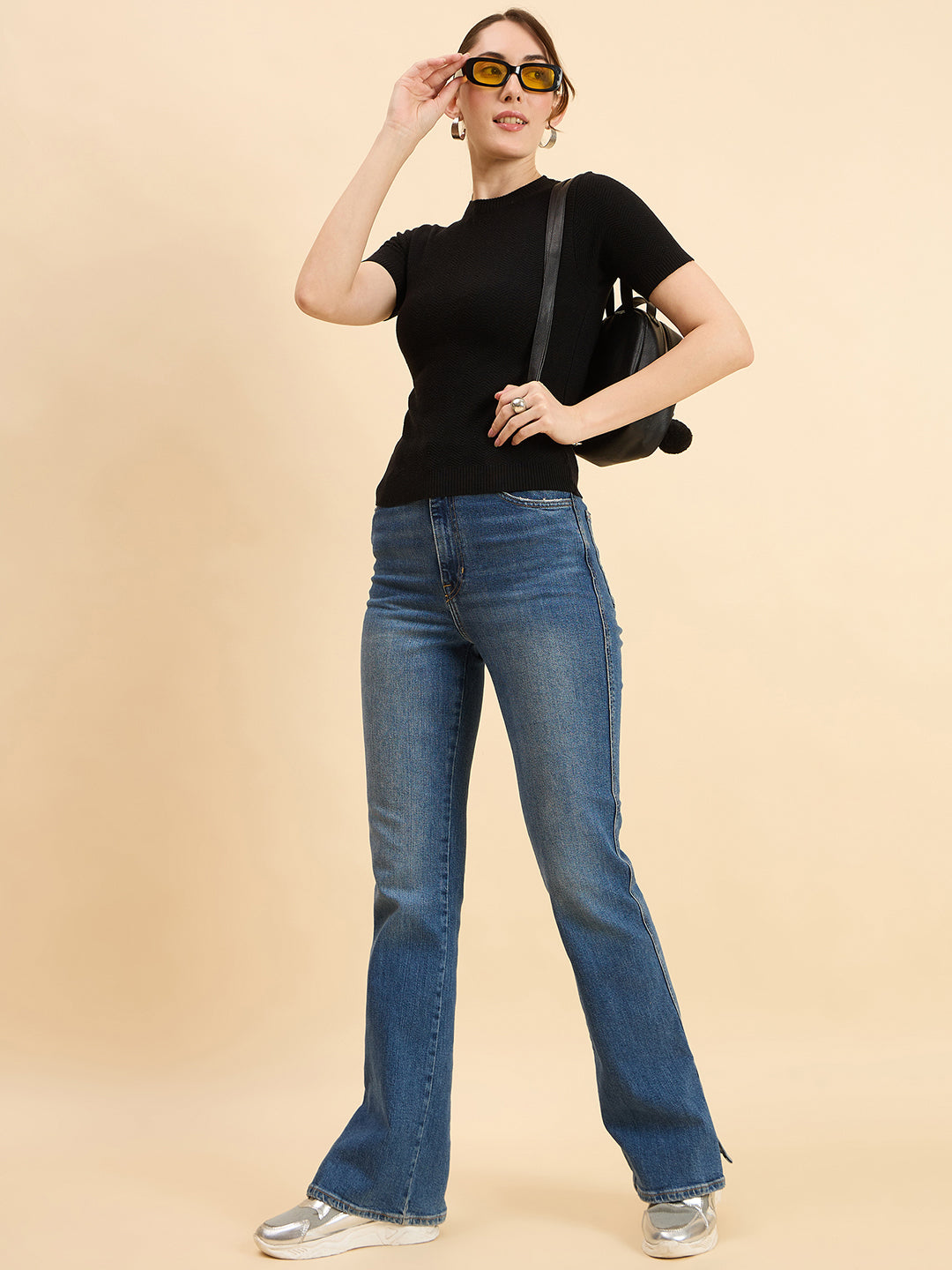 Clapton Women Knitted  Round Neck  T-shirt Black