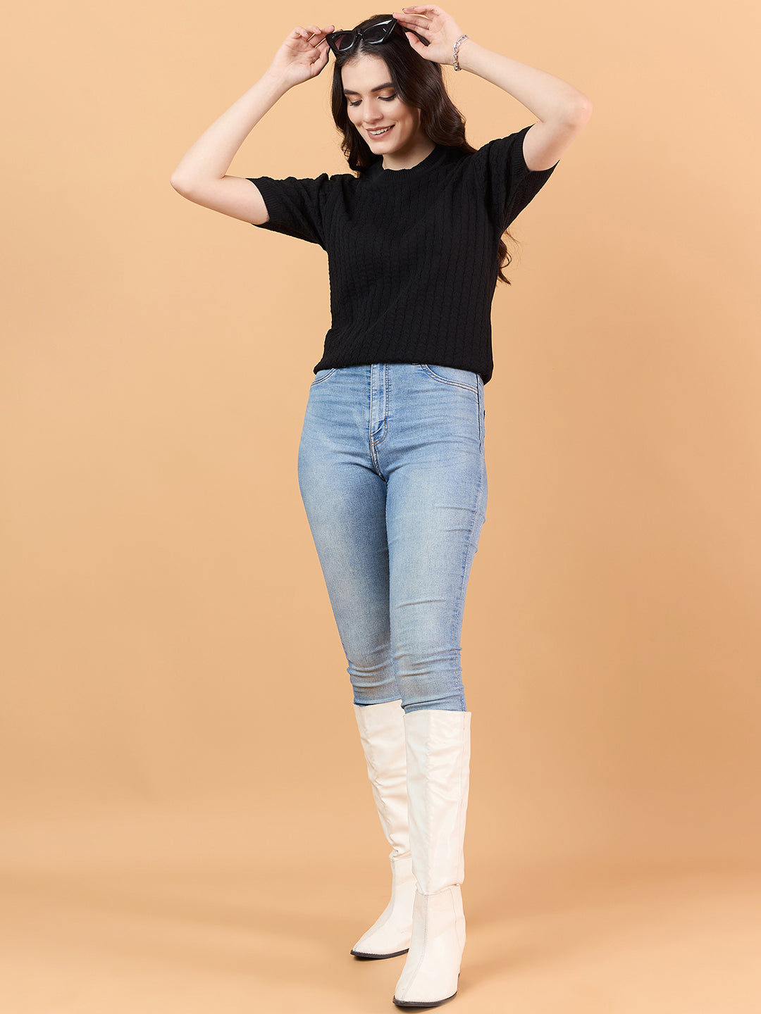 clapton Women Self knitted cotton Design T-shirt  Black