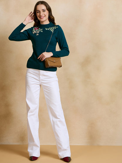 Floral Embroidered Array work Pullover Sweater for women Mint Green