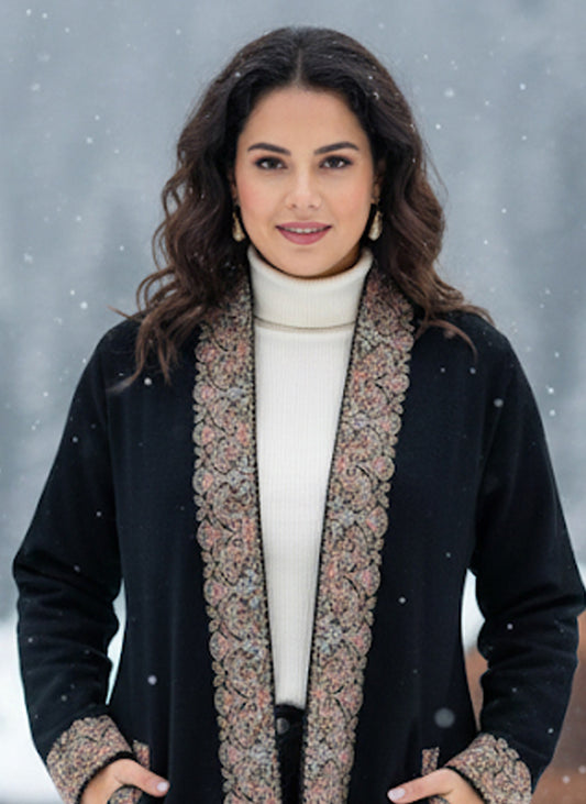 Embroidered wool blends for winter Shrug One size (Free) Black