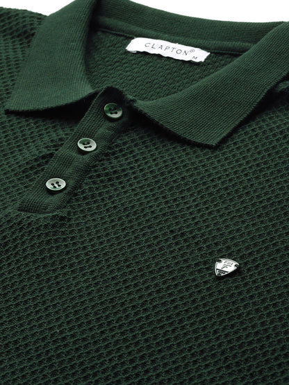 CLAPTON Men Knitted Textured Polo Collar T shirt GREEN