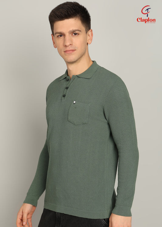 Clapton Men Knitted  Cotton Summer Wear Round Neck Full Sleeve T-Shirt GREEN
