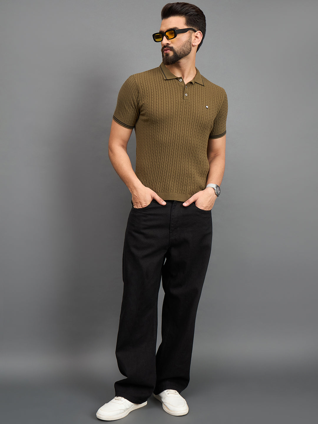 CLAPTON Men Knitted Polo Collar T-shirt  Mehndi