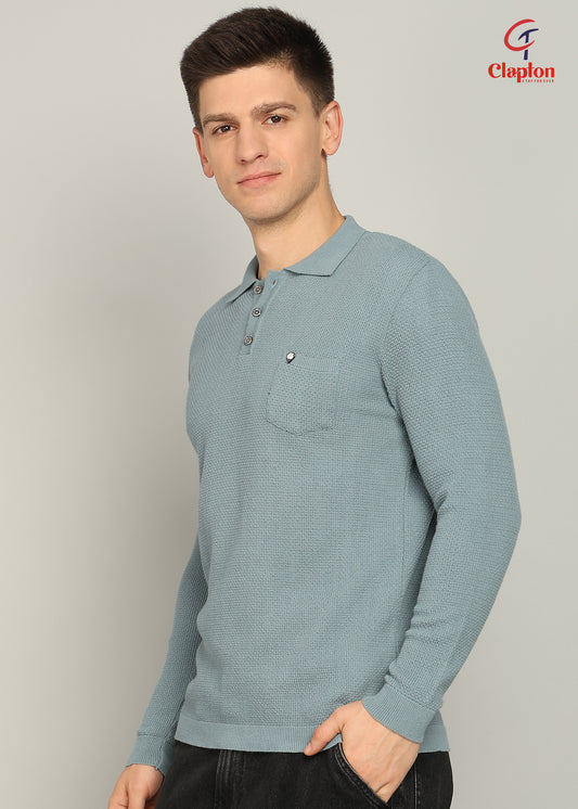 Clapton Men Knitted  Cotton Summer Wear Round Neck Full Sleeve T-Shirt SKY Blue