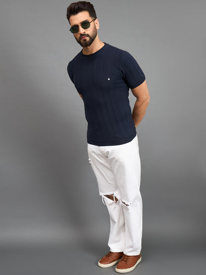 CLAPTON Men Knitted Round Neck T-shirt  Navy