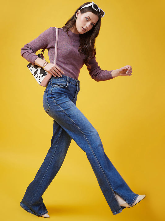 Wool Blend Crew Neck Full Sleeve Purple Top