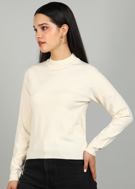 Women Solid Color Round Neck Viscose T-Shirt Off white