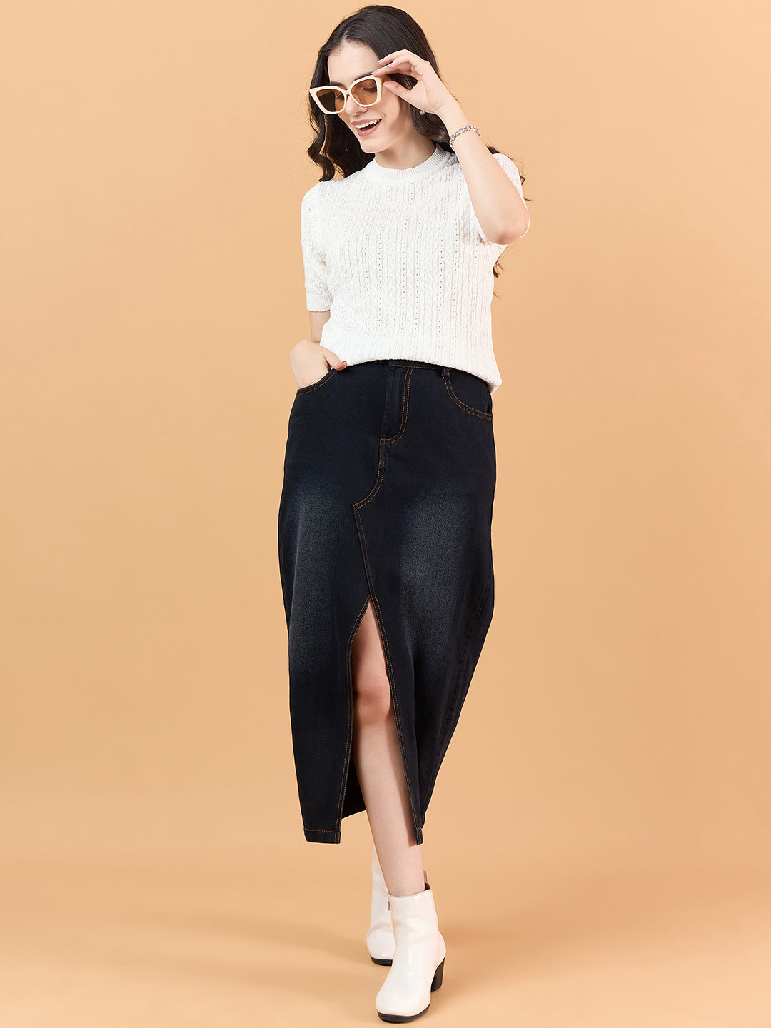 CLAPTON Women Knitted Round Neck T-shirt Combo Of 2 Black White