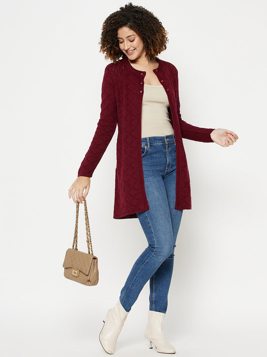 Wool Blend Round Neck Peach Long Shrug Maroon