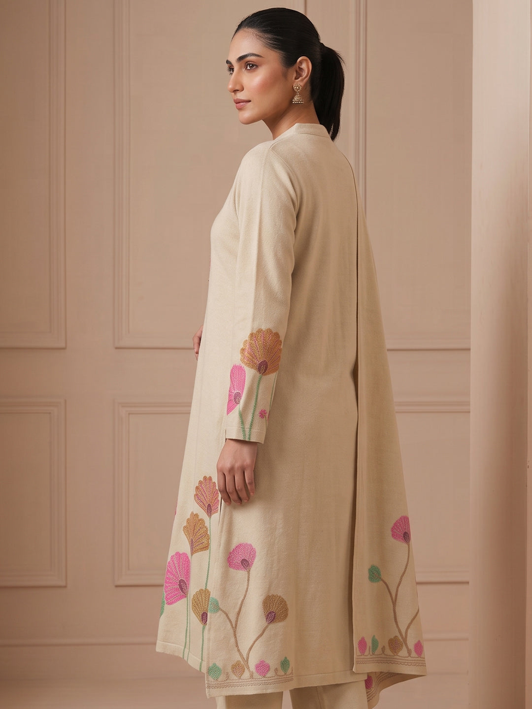 Woolen Embroidered  winter wear Kurti & Pant and Dupatta Set Beige