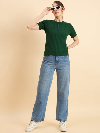 Clapton Women Knitted  Round Neck  T-shirt Green