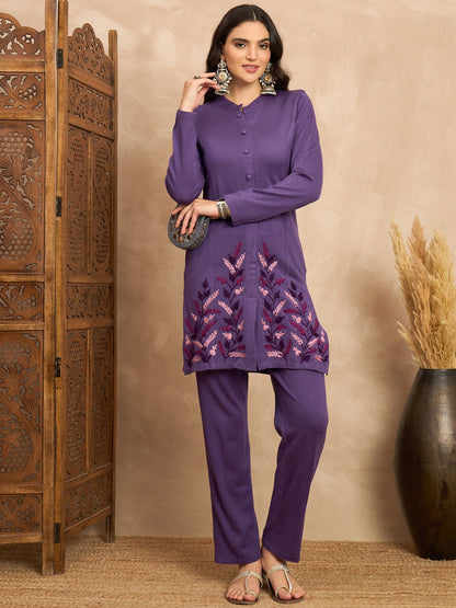 CLAPTON Women’s Purple Wool Blend Embroidered Kurti & Pant Set – 2 Piece Winter Wear