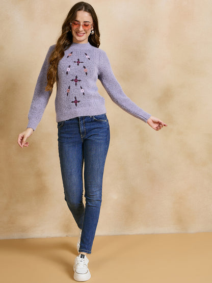 Women Self Design Round Neck Sweater Move