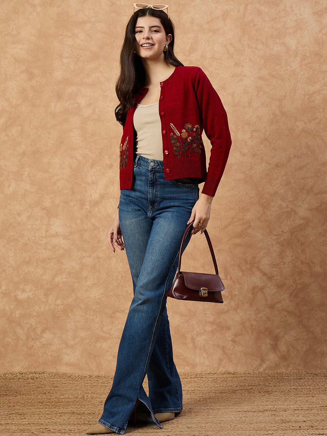 Clapton Women’s Red Knitted Floral Embroidered Cardigan 6110