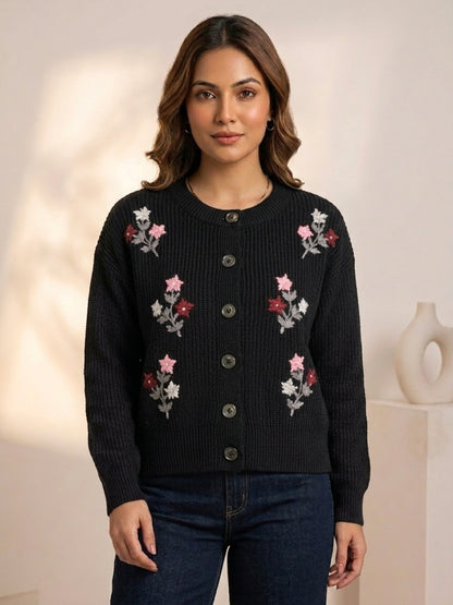 Women'S Black Knit Cardigan With Floral Embroidery, Button-Front, Round Neck, Full Sleeves Black