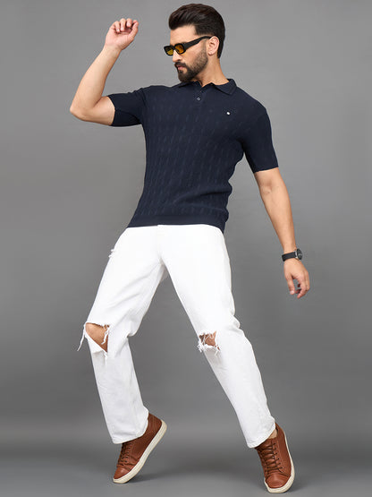 CLAPTON Men Knitted Polo Collar T-shirt  Navy