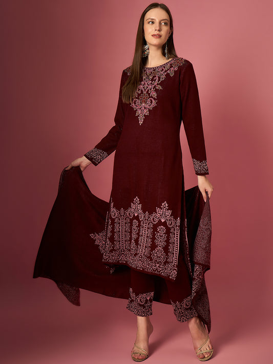 Clapton Embroidered Straight Kurta Pant With Dupatta Set Maroon