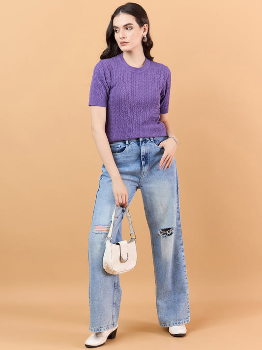 Ladies Short Sleeve Knitted cotton T Shirt solid Color Purple Mauve
