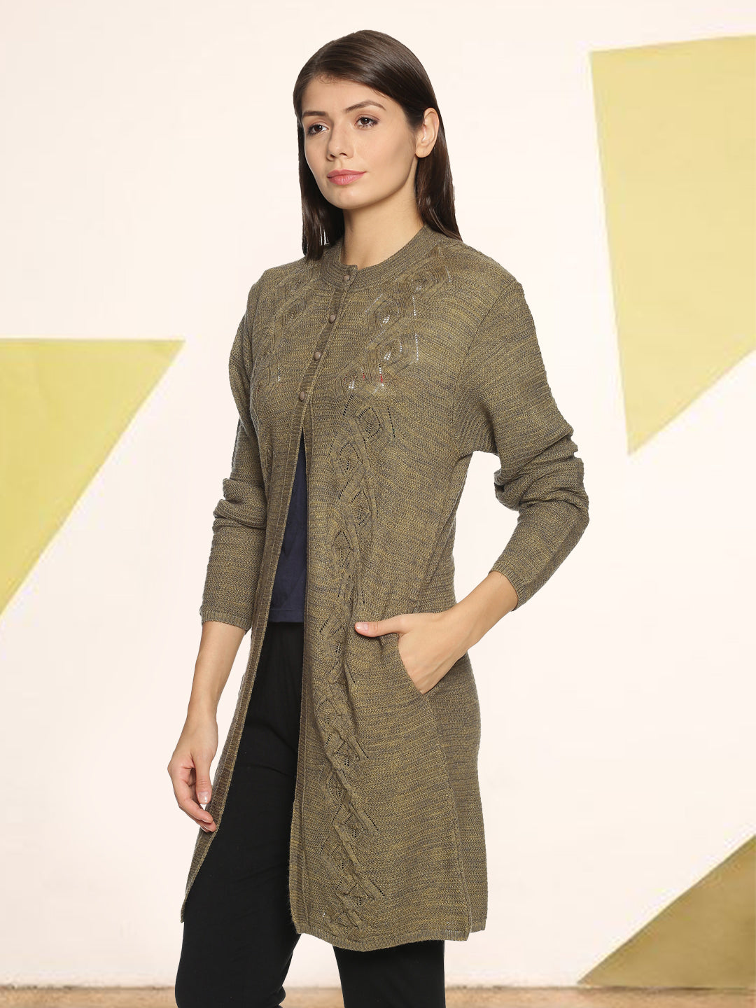 Wool Blend Round Neck Willow Green Long Shrug