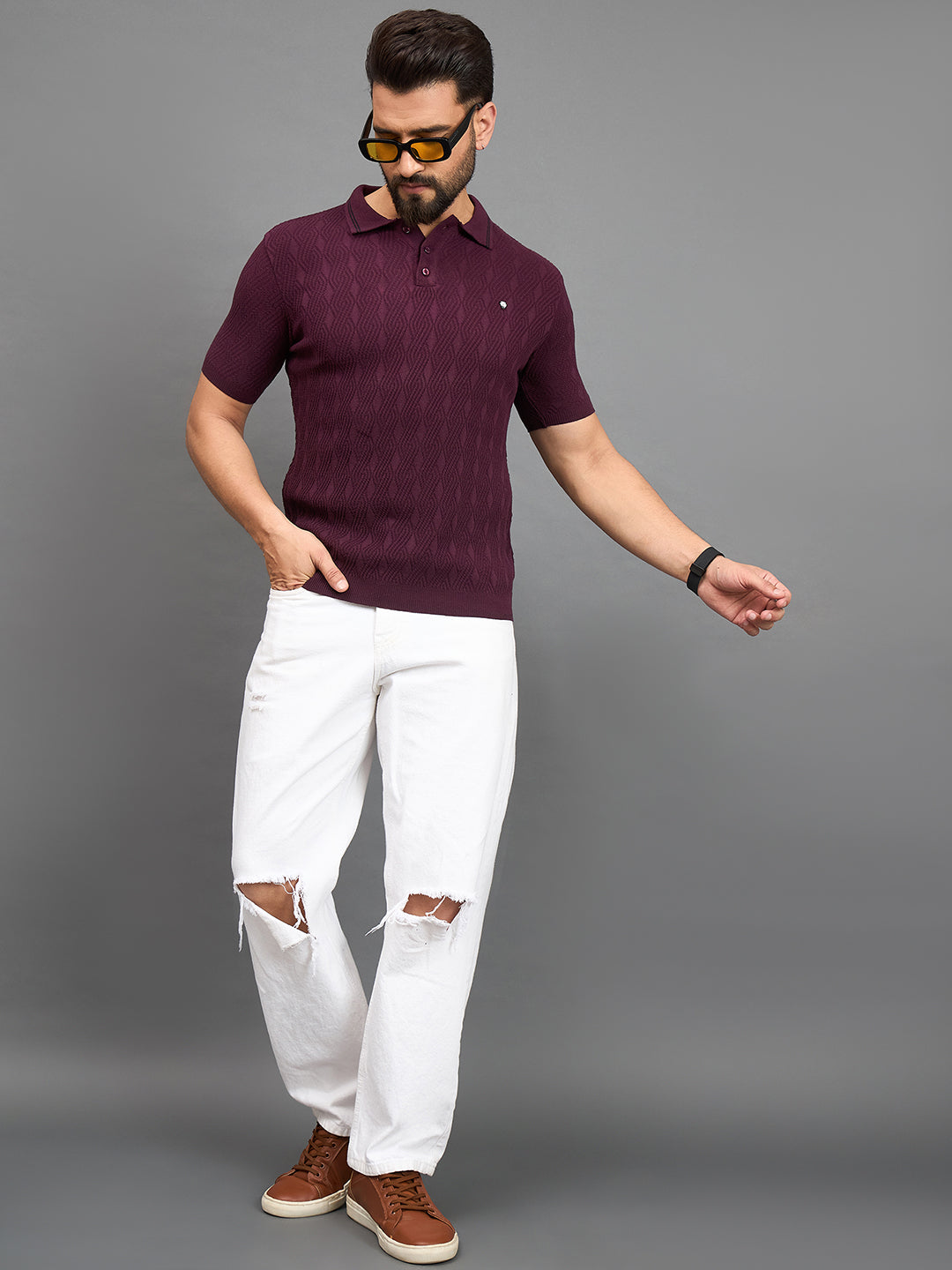 CLAPTON Men Knitted Polo Collar T-shirt  Purple