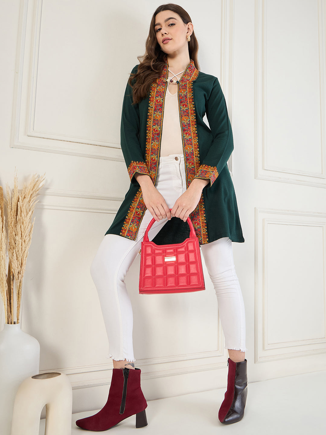 Women's Green Embroidered Sleeves, Floral Pattern, Winter Wear, Open Neck Shrug