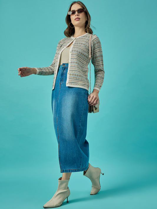 Women White Self Striped Round Neck Cardigan