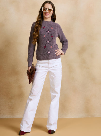 Women Self Design Round Neck Sweater Purple