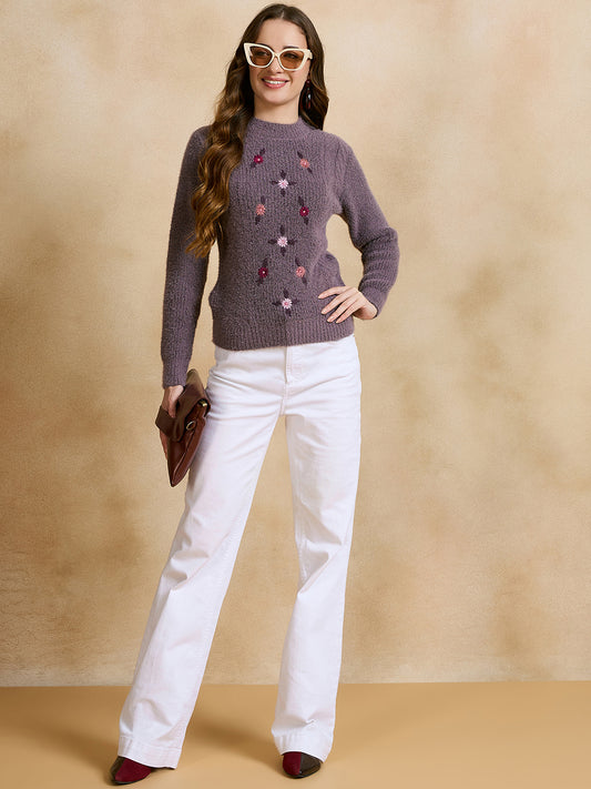 Women Self Design Round Neck Sweater Purple