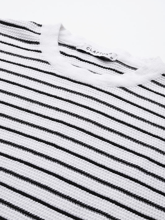 Women Knitted T-Shirt ,Summer Wear Color Striped Round neck , White