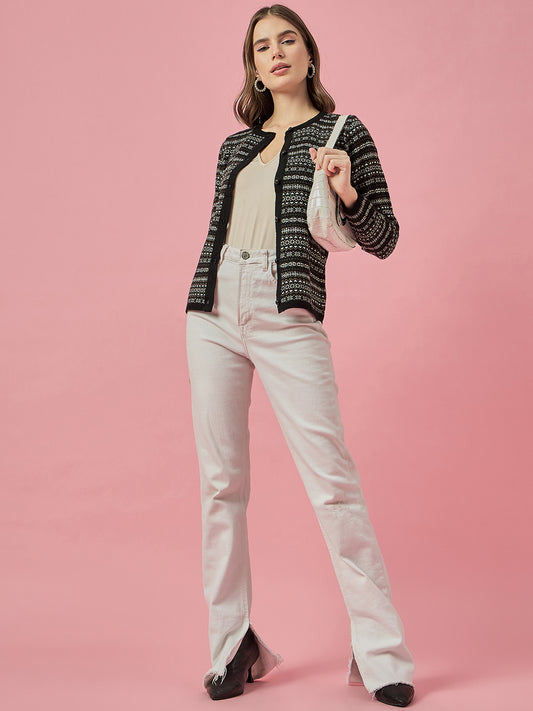 Women Black Self Striped Round Neck Cardigan