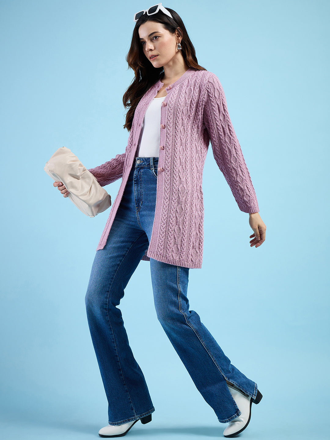 Clapton Cable Knit  Design Woolen  Longline Cardigan Sweater for women and Girls Pink