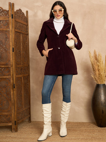 Clapton Women’S Wool Blend Long Winter Coat Maroon– Classic Button Closure & Lapel Collar