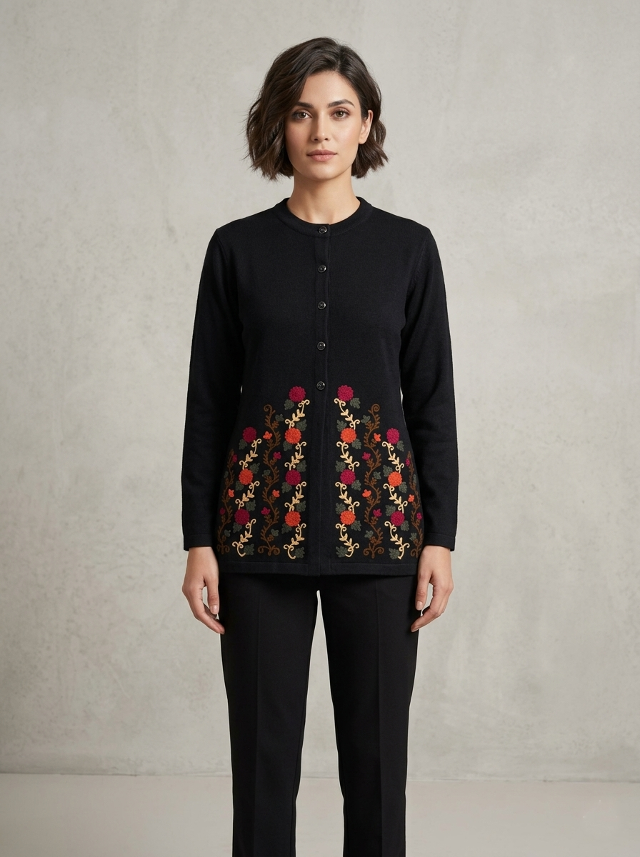 Women's Black Floral Embroidered Long Cardigan, Button-Front, Round Neck, Full Sleeves