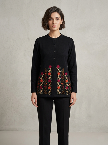 Women's Black Floral Embroidered Long Cardigan, Button-Front, Round Neck, Full Sleeves