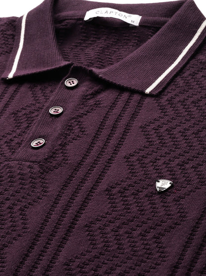 CLAPTON Men Knitted Textured Polo Collar Tshirt PURPLE