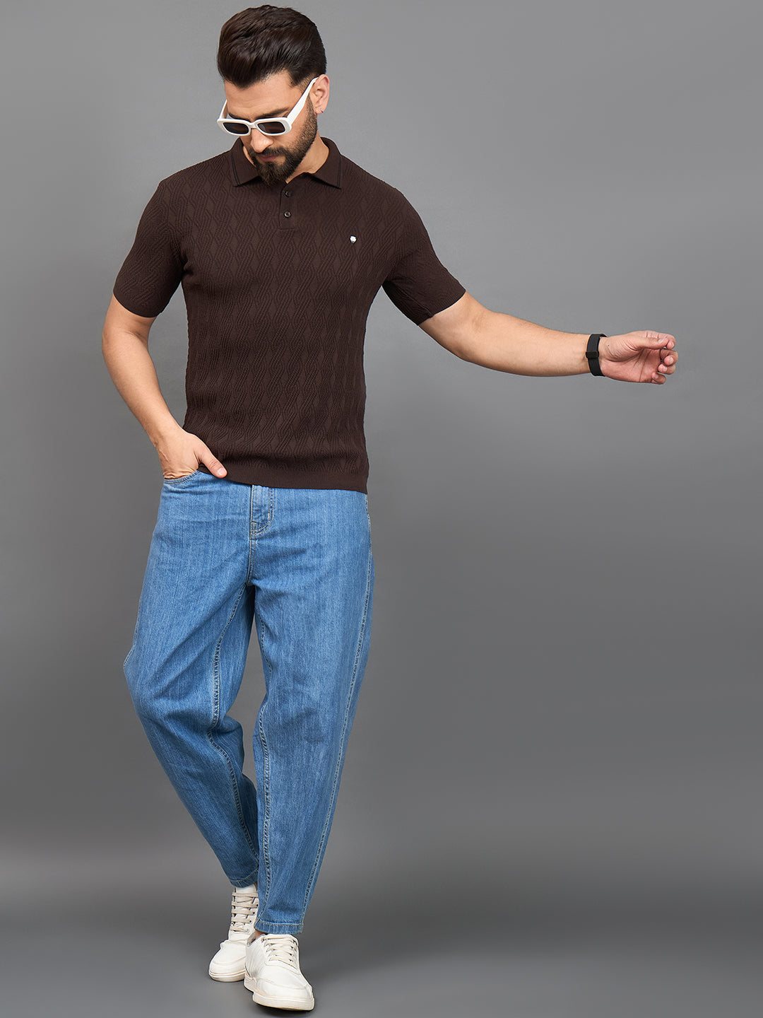 CLAPTON Men Knitted Polo Collar T-shirt  Brown