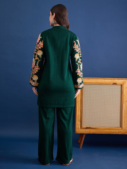 Women’S Embroidered Woolen Kurta With Straight-Fit Pants Co-Set Green