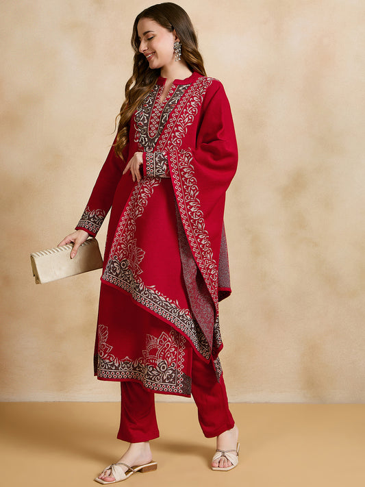 Clapton Embroidered Straight Kurta Pant With Dupatta Set Red