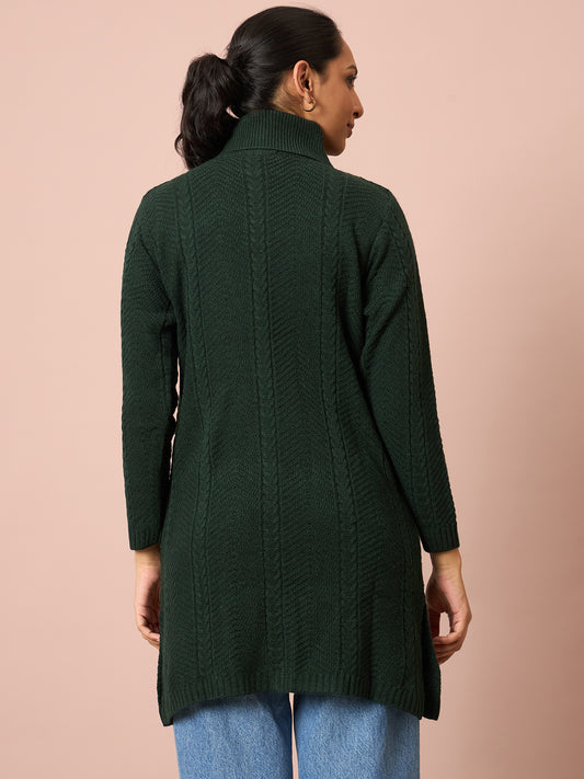 Clapton Cable Knitted  Wool Winter Wear Women’S Long Cardigan Green